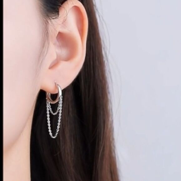 925 Sterling Silver Hoop Double Chain Earrings - Picture 3 of 4